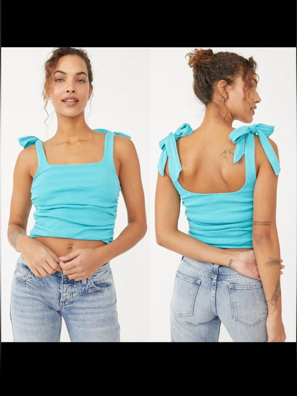 Free People Aqua Turquoise Tank Top Boulevard Bow Tie Straps Ruched Sides XS